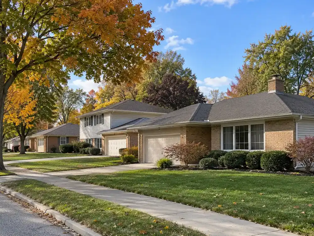 Quiet residential street with ranch houses, split-level homes, dark shingle roofs and autumn trees