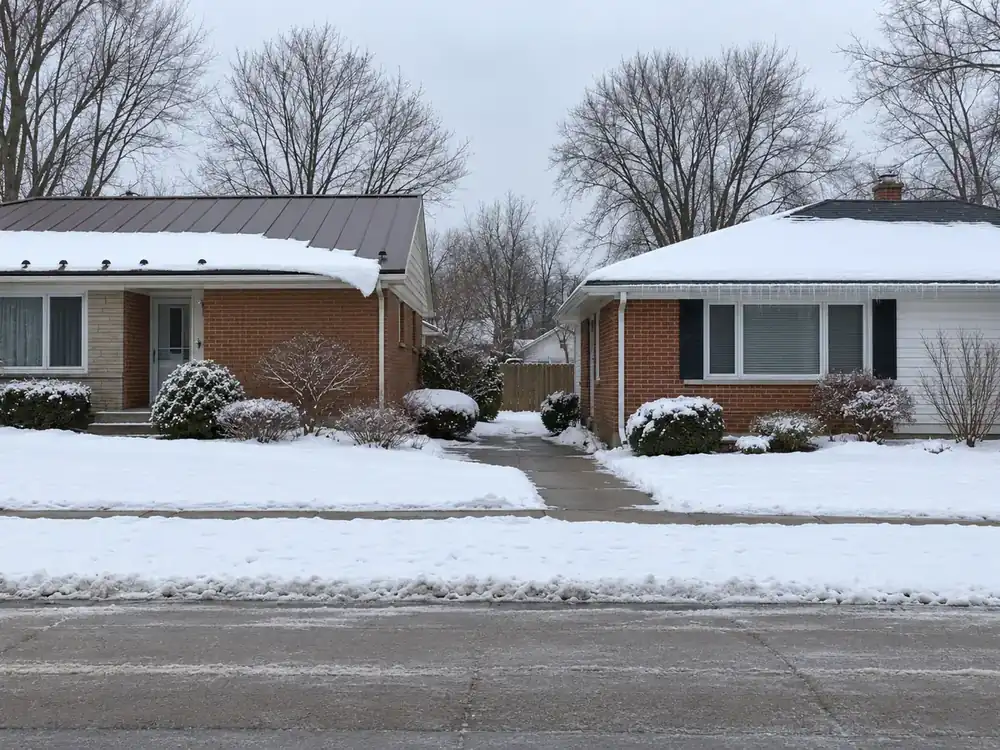 Snow guards on a bronze metal roof beside snow-covered black shingles and gutter icicles