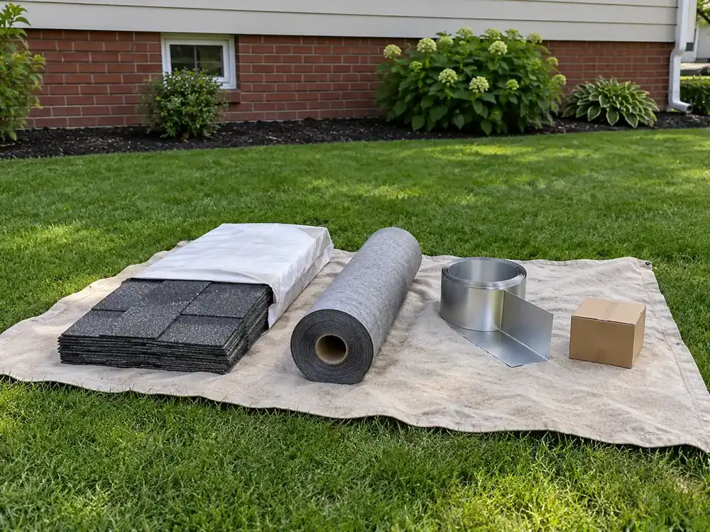 Shingles, underlayment, aluminum flashing and roofing nails arranged on a drop cloth beside a house.