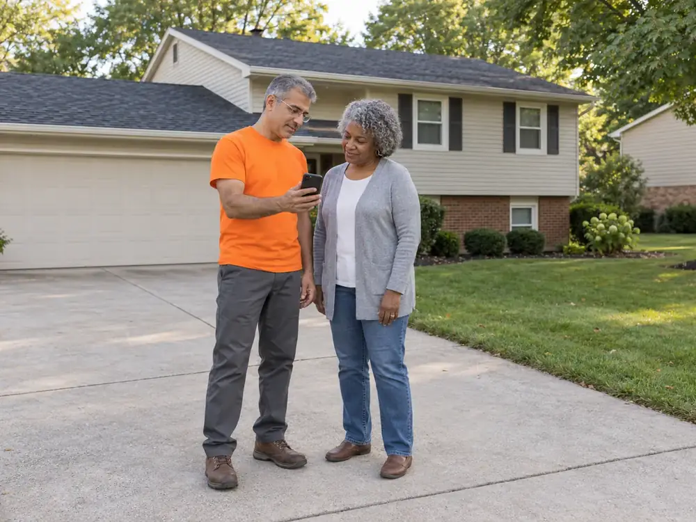 Roofer talks with a homeowner on the driveway of a split-level home about repair or replacement