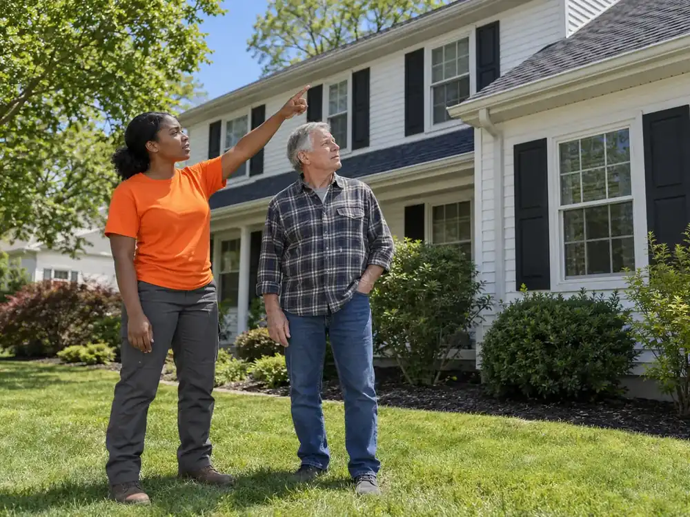 Roofer and homeowner stand on the lawn looking at the roof edge above the gutter.