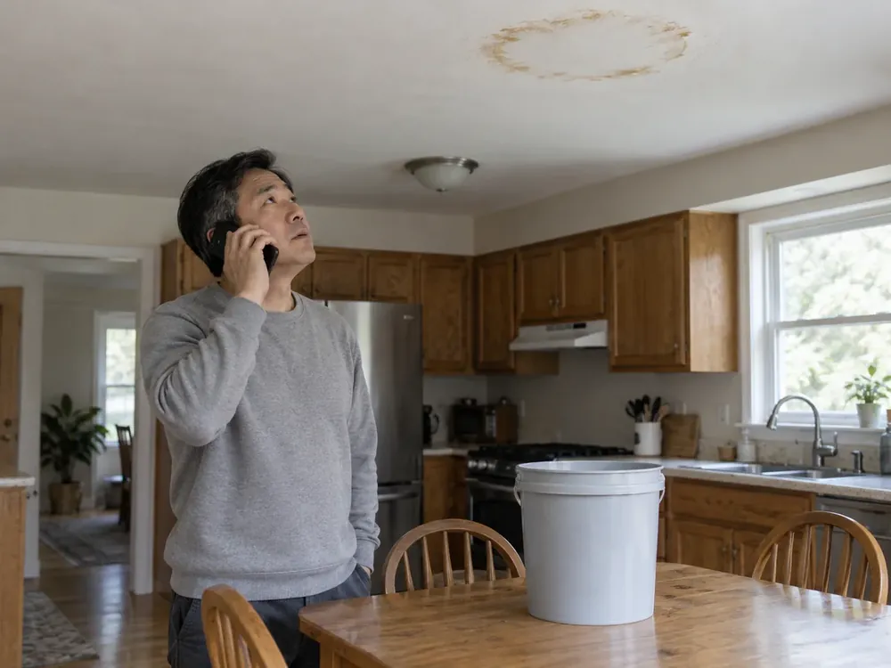 Homeowner holding a phone beneath a stained kitchen ceiling, with a bucket on the table