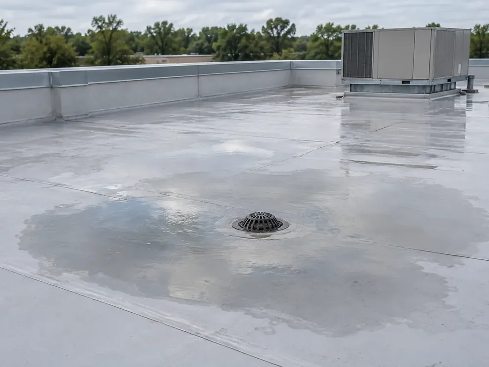 Shallow ponding water around a drain on a TPO roof beside a parapet