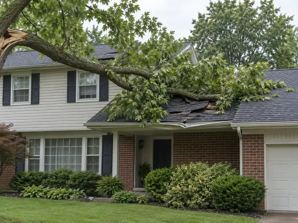 Broken leafy limb resting on torn roof shingles above a bent gutter