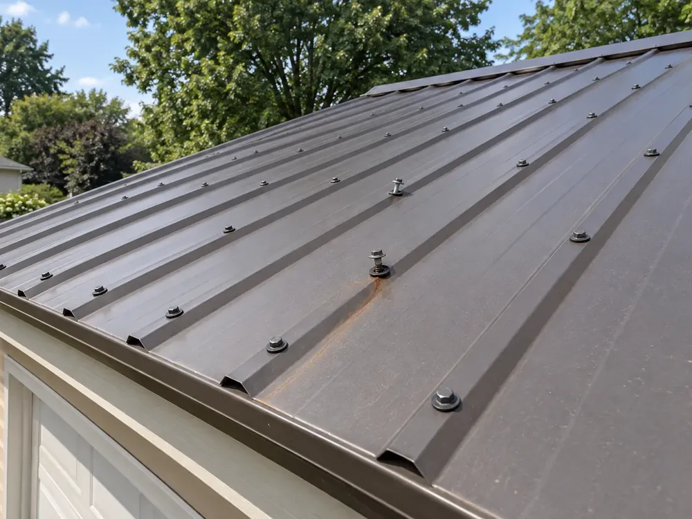 Backed-out screws and a rust streak on exposed-fastener steel roof panels