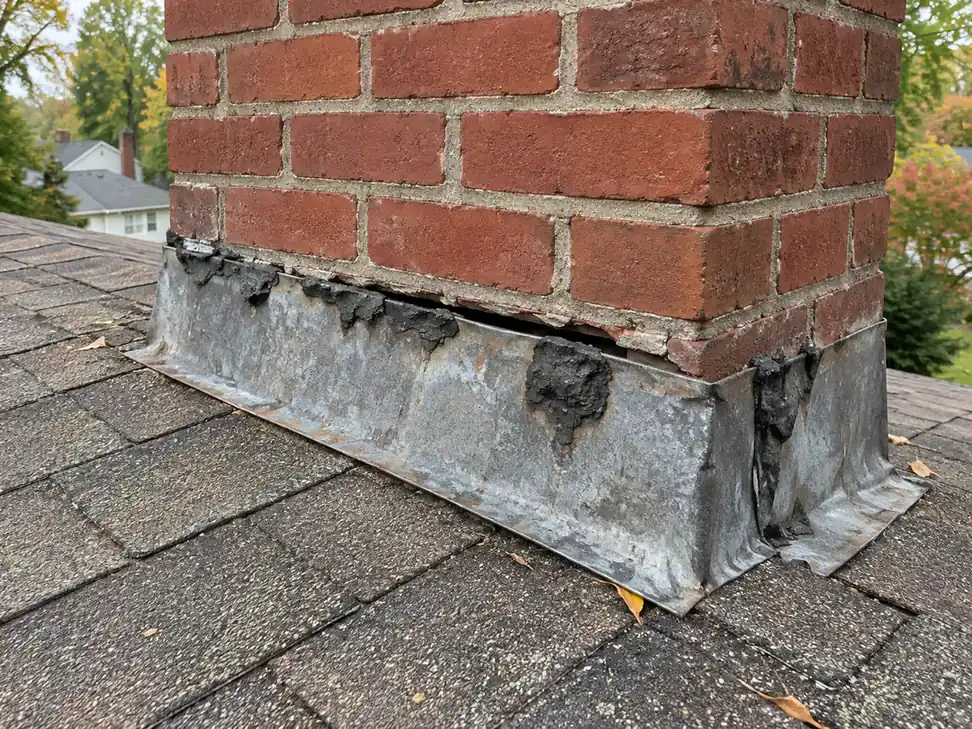Chimney flashing pulled away from brick beneath lumps of old roofing cement