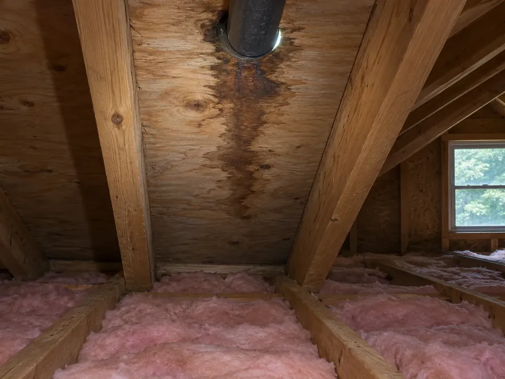 Dark water stain running down attic roof sheathing from a metal vent pipe between rafters above pink insulation