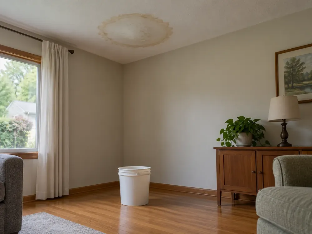 Brown water ring on a living room ceiling with a white bucket on the hardwood floor below
