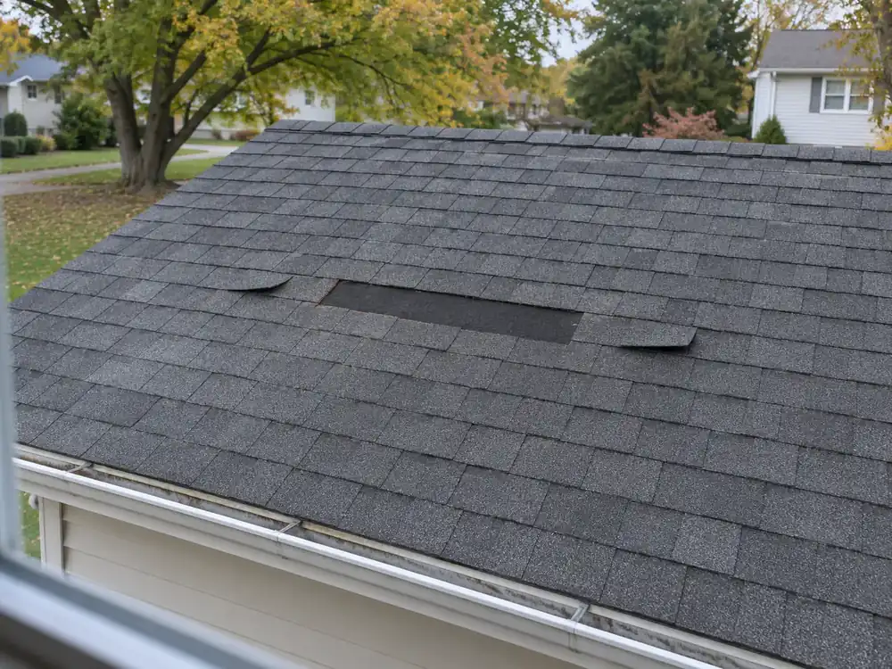 Missing garage roof shingles expose black underlayment beside two lifted shingle edges.