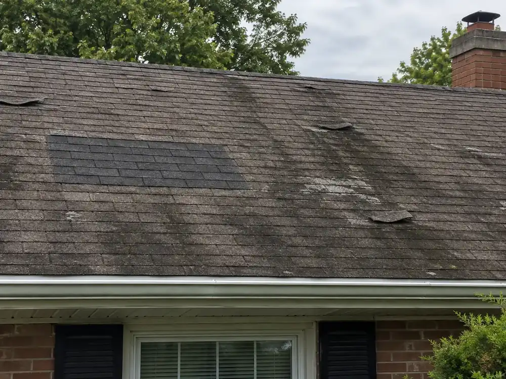 Worn shingle roof with missing tabs, granule loss, moss and a mismatched patch over a brick home