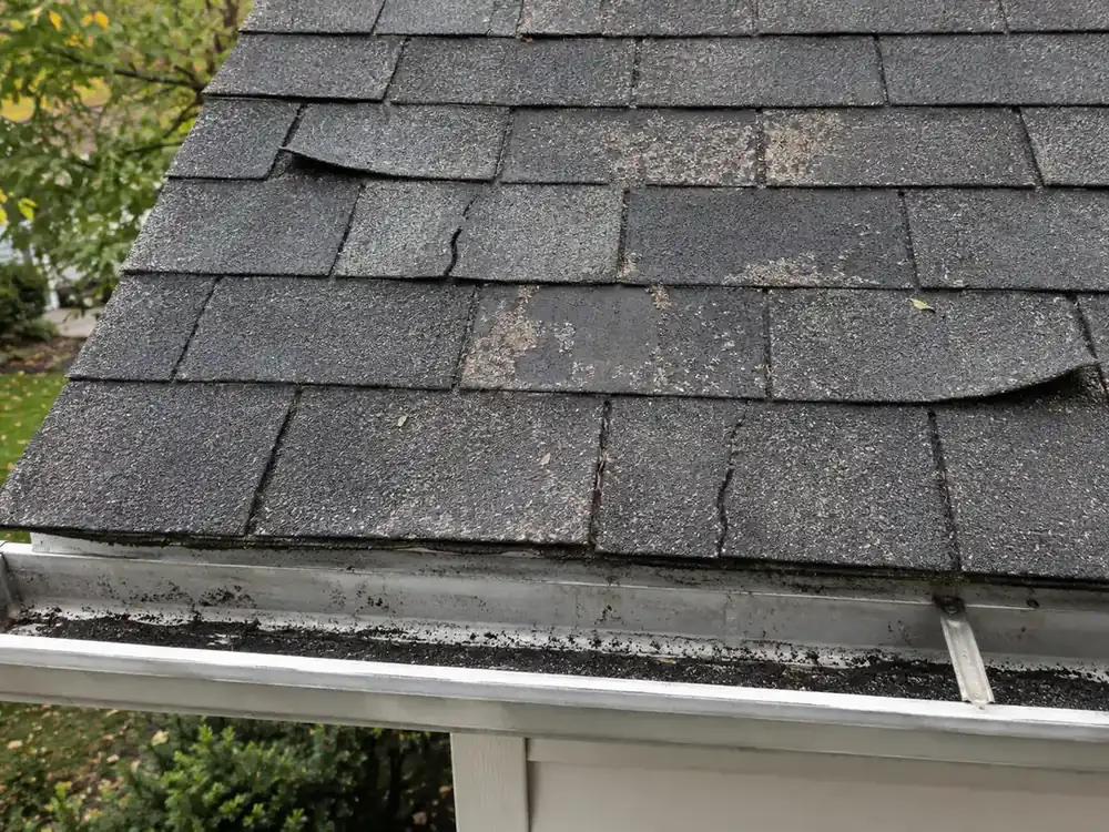 Curled and cracked three-tab shingles with worn patches and granules in the gutter