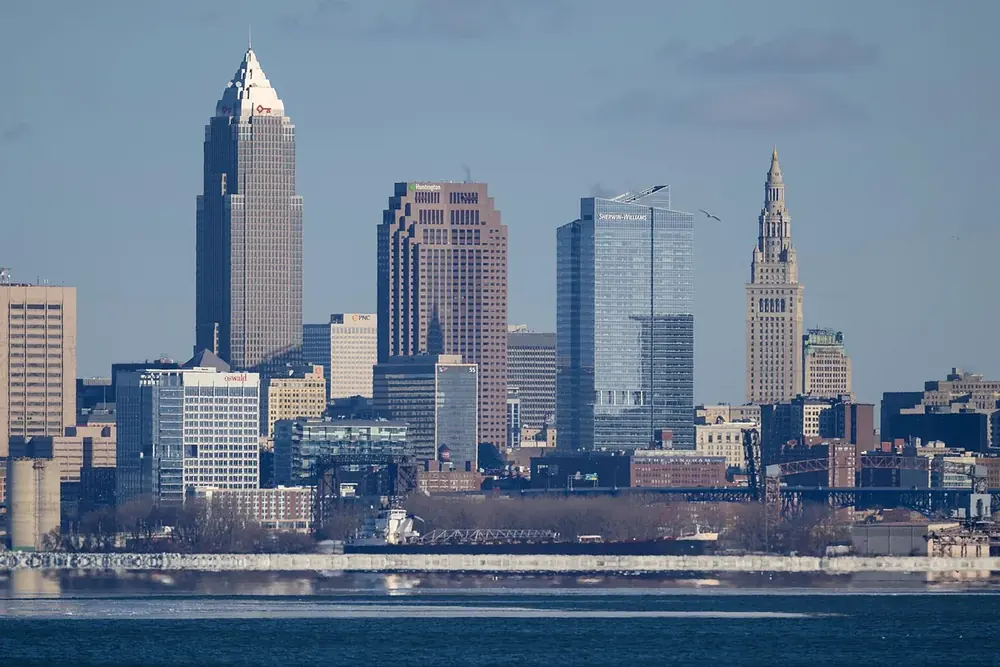 The downtown Cleveland skyline across Lake Erie, seen from Lakewood Park in winter