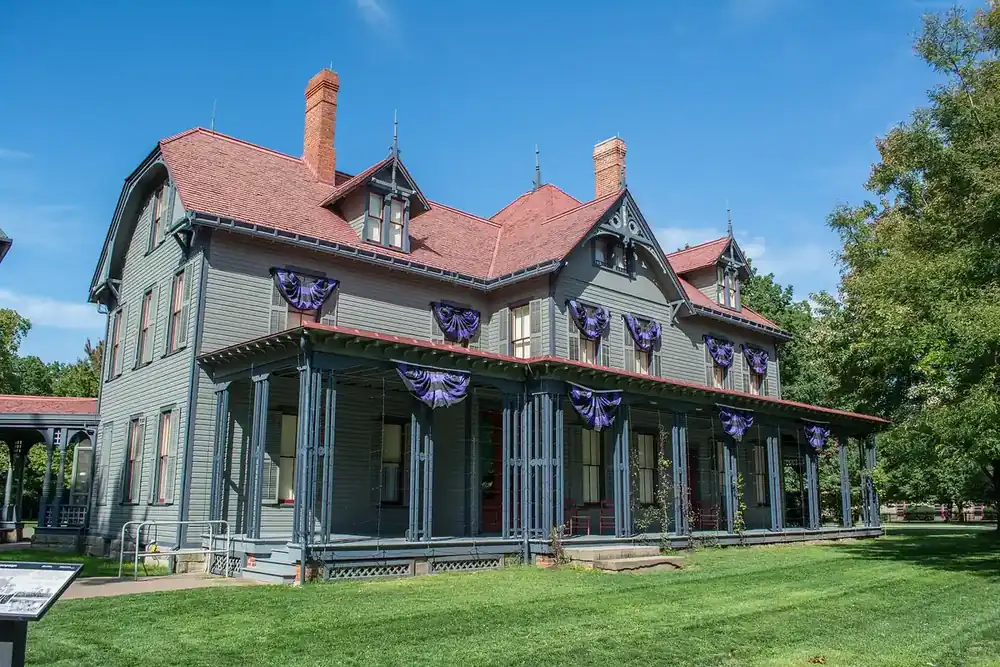 The restored front porch and gabled roofs of the James A. Garfield home in Mentor, Ohio
