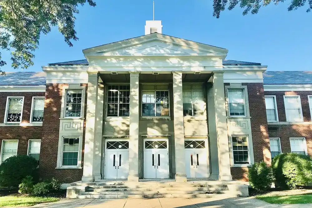 The columned brick front entrance of Riverside High School in Painesville Township, Ohio