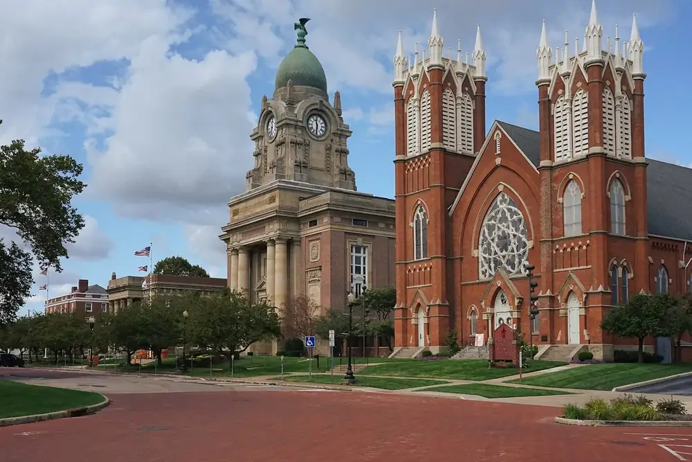 The Methodist church and the domed Lake County Courthouse on North Park Place in Painesville, Ohio
