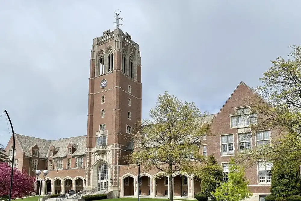 The Gothic clock tower of the John Carroll University administration building in University Heights, Ohio
